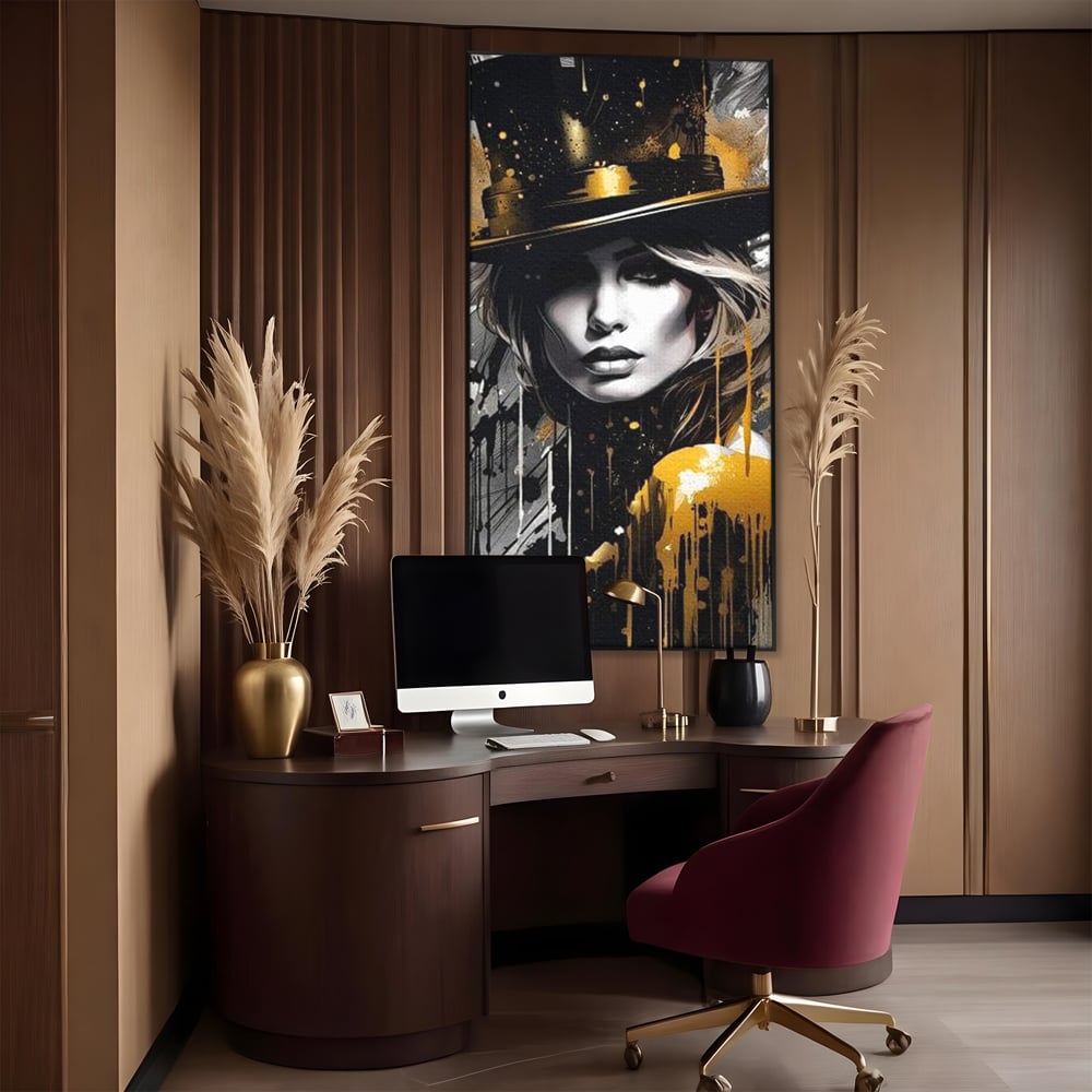 Tablou canvas cu tablou canvas cu portret de femeie cu joben, in rama de aluminiu negru, pe perete intr-un birou